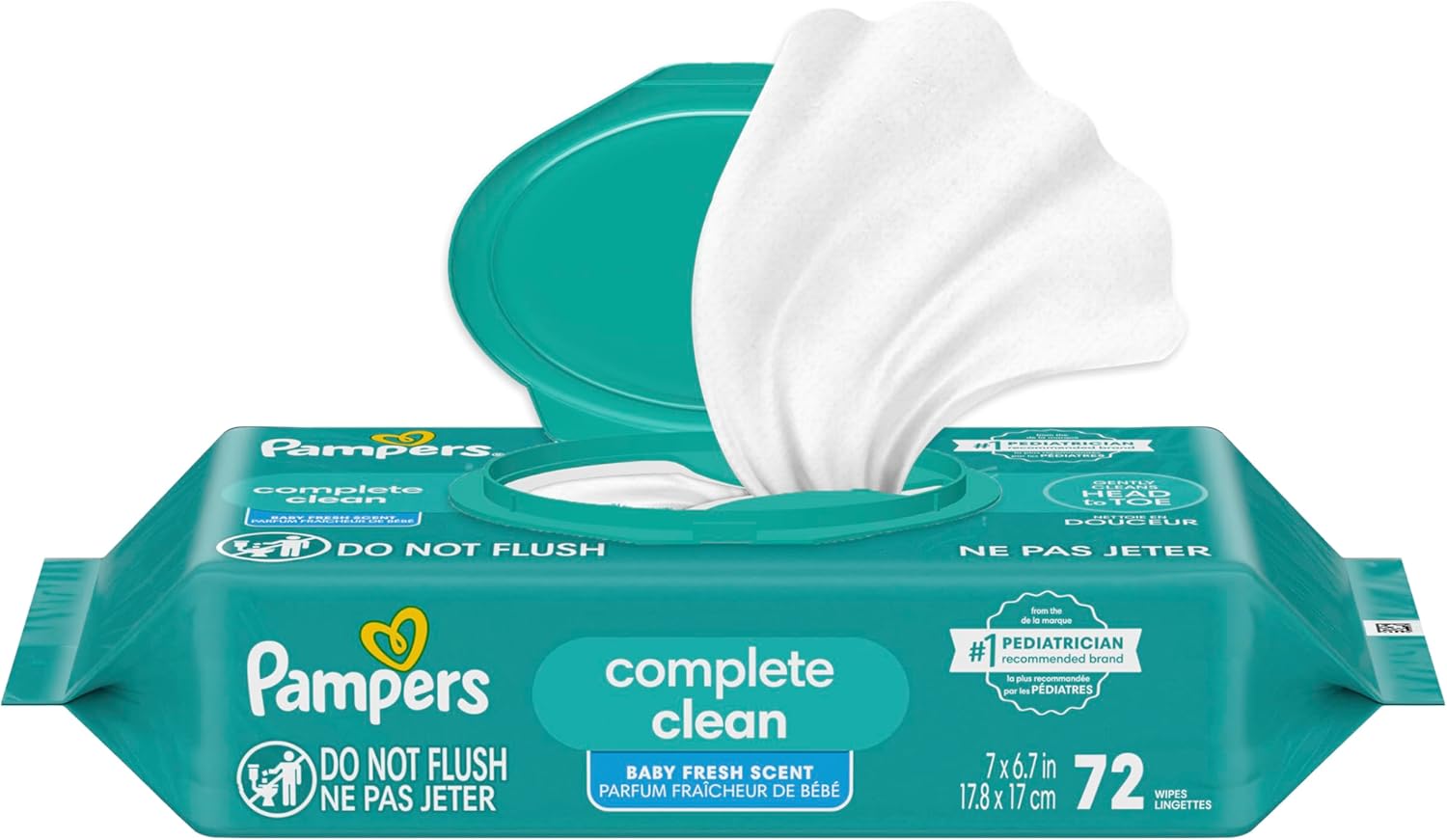 Pampers Baby Wipes, Complete Clean Baby Fresh Scented Wipe, Gently Cleans Head to Toe, 72 Total (1 Flip - Top Packs) - 7DAY'S