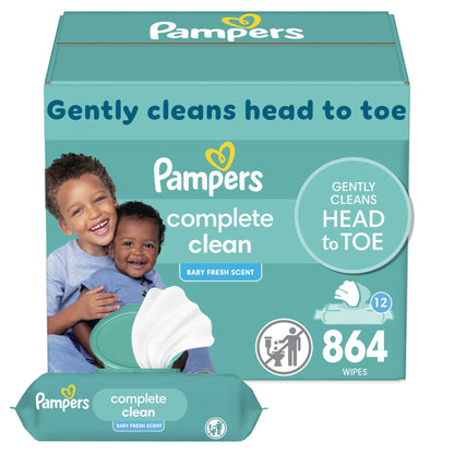 Pampers Baby Wipes, Complete Clean Baby Fresh Scented Wipe, Gently Cleans Head to Toe, 72 Total (1 Flip - Top Packs) - 7DAY'S