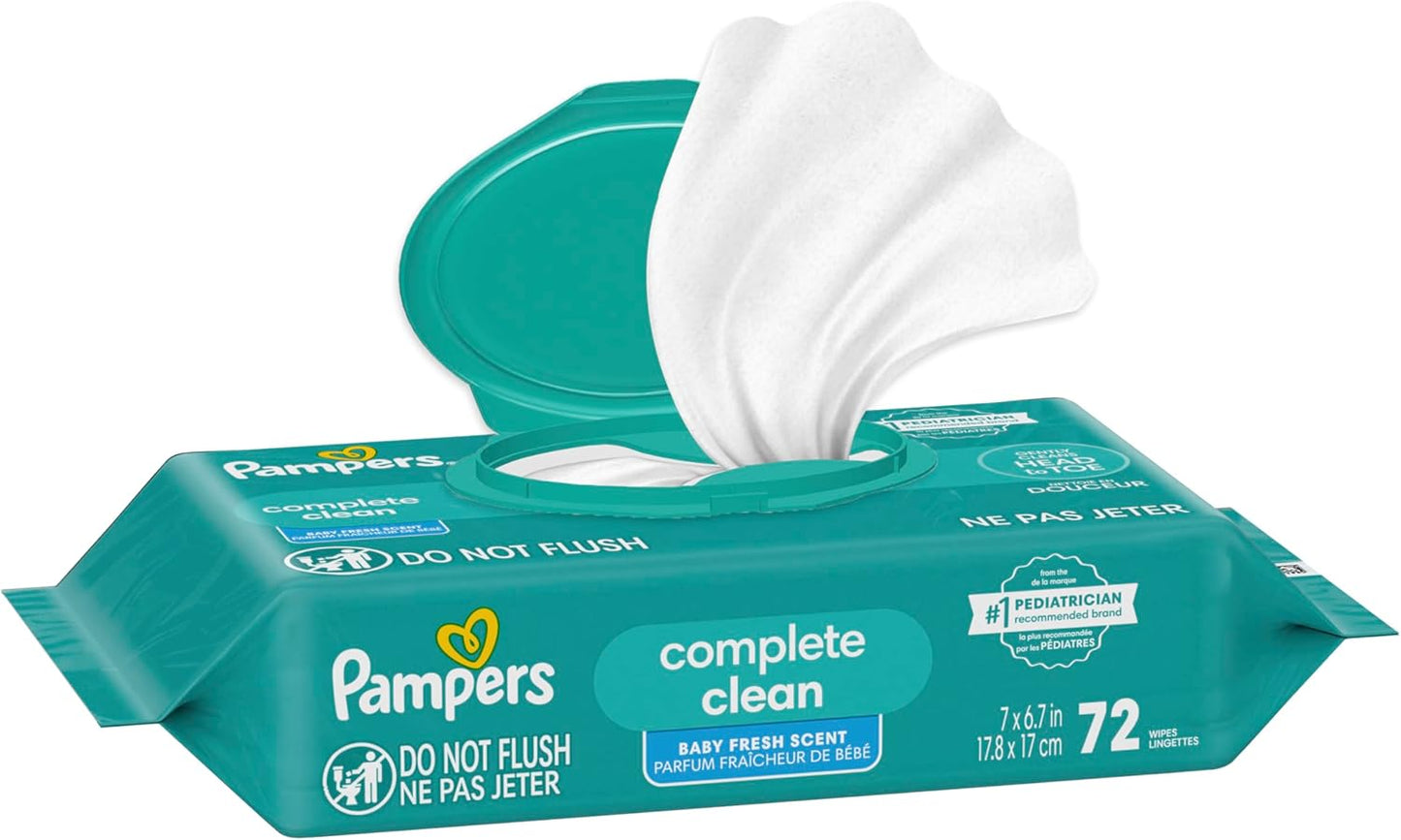 Pampers Baby Wipes, Complete Clean Baby Fresh Scented Wipe, Gently Cleans Head to Toe, 72 Total (1 Flip - Top Packs) - 7DAY'S