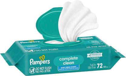 Pampers Baby Wipes, Complete Clean Baby Fresh Scented Wipe, Gently Cleans Head to Toe, 72 Total (1 Flip - Top Packs) - 7DAY'S