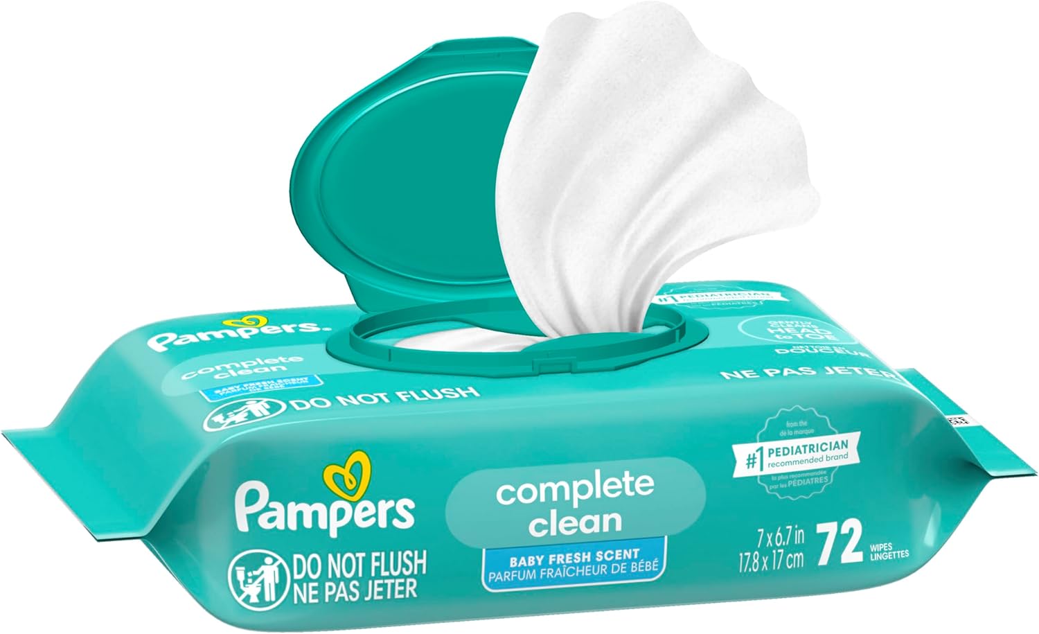 Pampers Baby Wipes, Complete Clean Baby Fresh Scented Wipe, Gently Cleans Head to Toe, 72 Total (1 Flip - Top Packs) - 7DAY'S