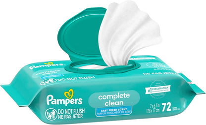 Pampers Baby Wipes, Complete Clean Baby Fresh Scented Wipe, Gently Cleans Head to Toe, 72 Total (1 Flip - Top Packs) - 7DAY'S