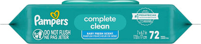 Pampers Baby Wipes, Complete Clean Baby Fresh Scented Wipe, Gently Cleans Head to Toe, 72 Total (1 Flip - Top Packs) - 7DAY'S