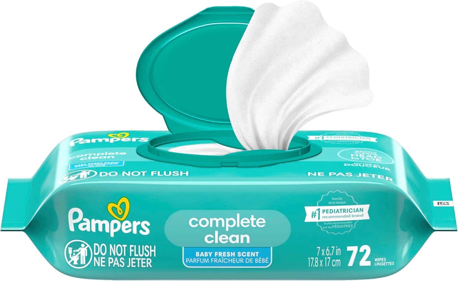 Pampers Baby Wipes, Complete Clean Baby Fresh Scented Wipe, Gently Cleans Head to Toe, 72 Total (1 Flip - Top Packs) - 7DAY'S