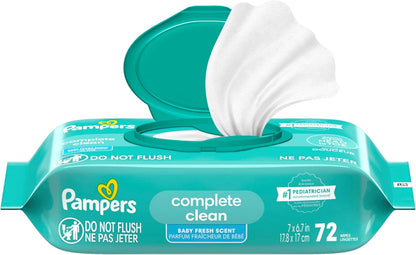 Pampers Baby Wipes, Complete Clean Baby Fresh Scented Wipe, Gently Cleans Head to Toe, 72 Total (1 Flip - Top Packs) - 7DAY'S