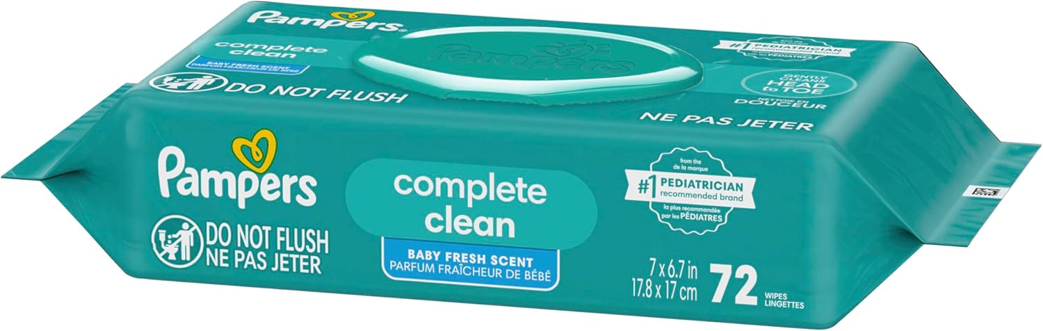 Pampers Baby Wipes, Complete Clean Baby Fresh Scented Wipe, Gently Cleans Head to Toe, 72 Total (1 Flip - Top Packs) - 7DAY'S