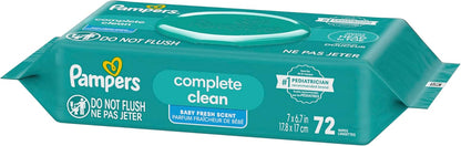 Pampers Baby Wipes, Complete Clean Baby Fresh Scented Wipe, Gently Cleans Head to Toe, 72 Total (1 Flip - Top Packs) - 7DAY'S