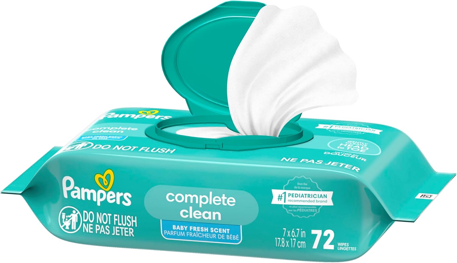 Pampers Baby Wipes, Complete Clean Baby Fresh Scented Wipe, Gently Cleans Head to Toe, 72 Total (1 Flip - Top Packs) - 7DAY'S