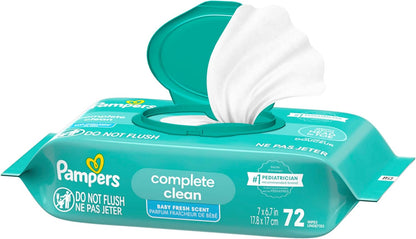Pampers Baby Wipes, Complete Clean Baby Fresh Scented Wipe, Gently Cleans Head to Toe, 72 Total (1 Flip - Top Packs) - 7DAY'S
