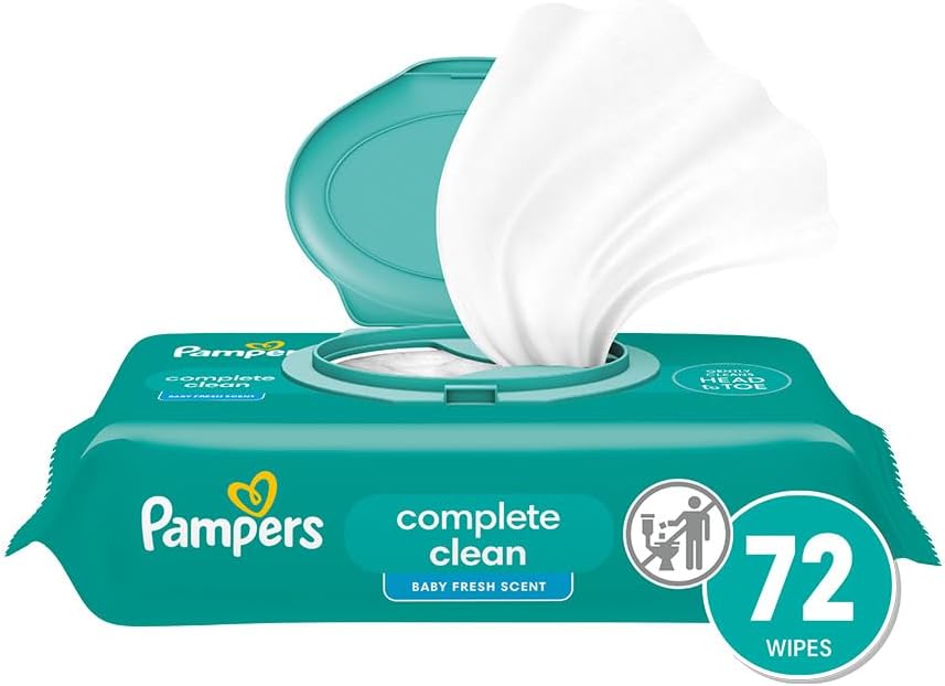 Pampers Baby Wipes, Complete Clean Baby Fresh Scented Wipe, Gently Cleans Head to Toe, 72 Total (1 Flip - Top Packs) - 7DAY'S