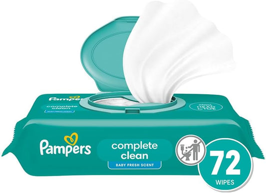 Pampers Baby Wipes, Complete Clean Baby Fresh Scented Wipe, Gently Cleans Head to Toe, 72 Total (1 Flip - Top Packs) - 7DAY'S