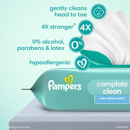 Pampers Baby Wipes, Complete Clean Baby Fresh Scented Wipe, Gently Cleans Head to Toe, 72 Total (1 Flip - Top Packs) - 7DAY'S