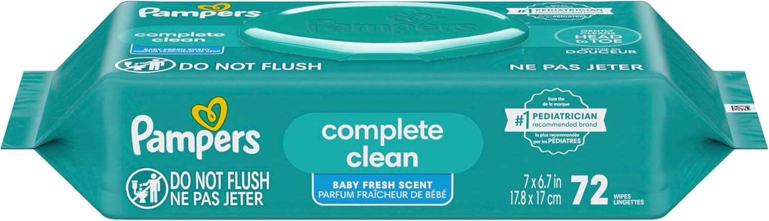 Pampers Baby Wipes, Complete Clean Baby Fresh Scented Wipe, Gently Cleans Head to Toe, 72 Total (1 Flip - Top Packs) - 7DAY'S