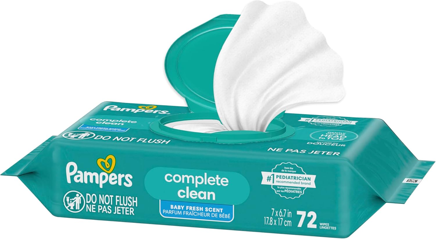 Pampers Baby Wipes, Complete Clean Baby Fresh Scented Wipe, Gently Cleans Head to Toe, 72 Total (1 Flip - Top Packs) - 7DAY'S