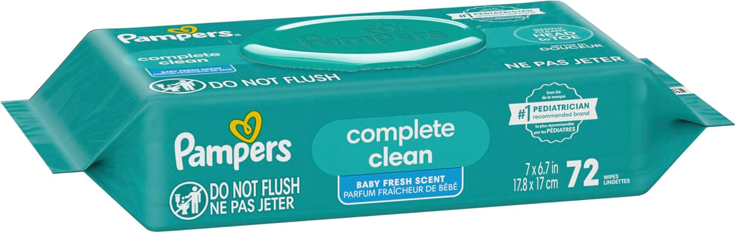 Pampers Baby Wipes, Complete Clean Baby Fresh Scented Wipe, Gently Cleans Head to Toe, 72 Total (1 Flip - Top Packs) - 7DAY'S