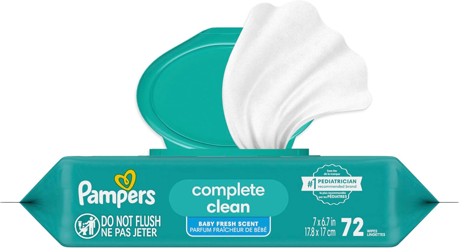Pampers Baby Wipes, Complete Clean Baby Fresh Scented Wipe, Gently Cleans Head to Toe, 72 Total (1 Flip - Top Packs) - 7DAY'S