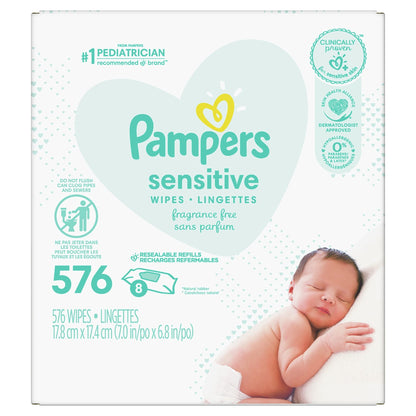 Pampers Sensitive Baby Wipes, Water Based, Hypoallergenic and Unscented, 8 Flip - Top Packs, 4 Refill Packs (1008 Wipes Total) - 7DAY'S
