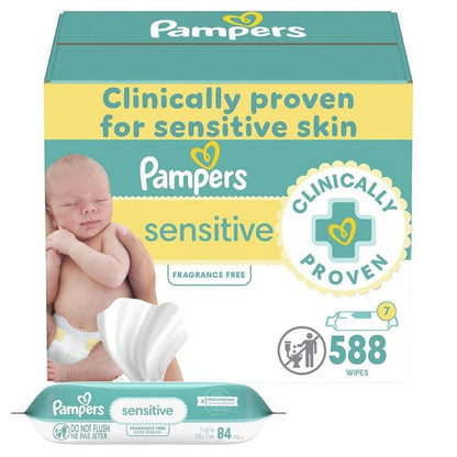 Pampers Sensitive Baby Wipes, Water Based, Hypoallergenic and Unscented, 8 Flip - Top Packs, 4 Refill Packs (1008 Wipes Total) - 7DAY'S