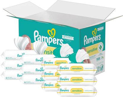 Pampers Sensitive Baby Wipes, Water Based, Hypoallergenic and Unscented, 8 Flip - Top Packs, 4 Refill Packs (1008 Wipes Total) - 7DAY'S