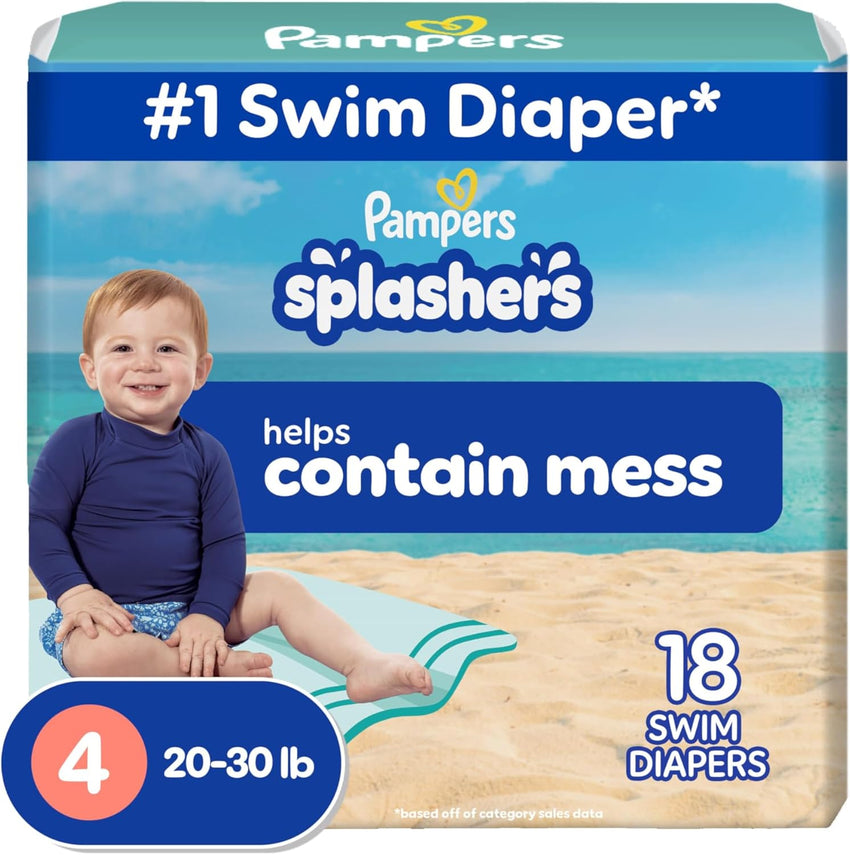 Pampers Swim Diapers - Splashers - Size 4, 18 Count, Gap - Free Disposable Baby Swimming Pants - 7DAY'S