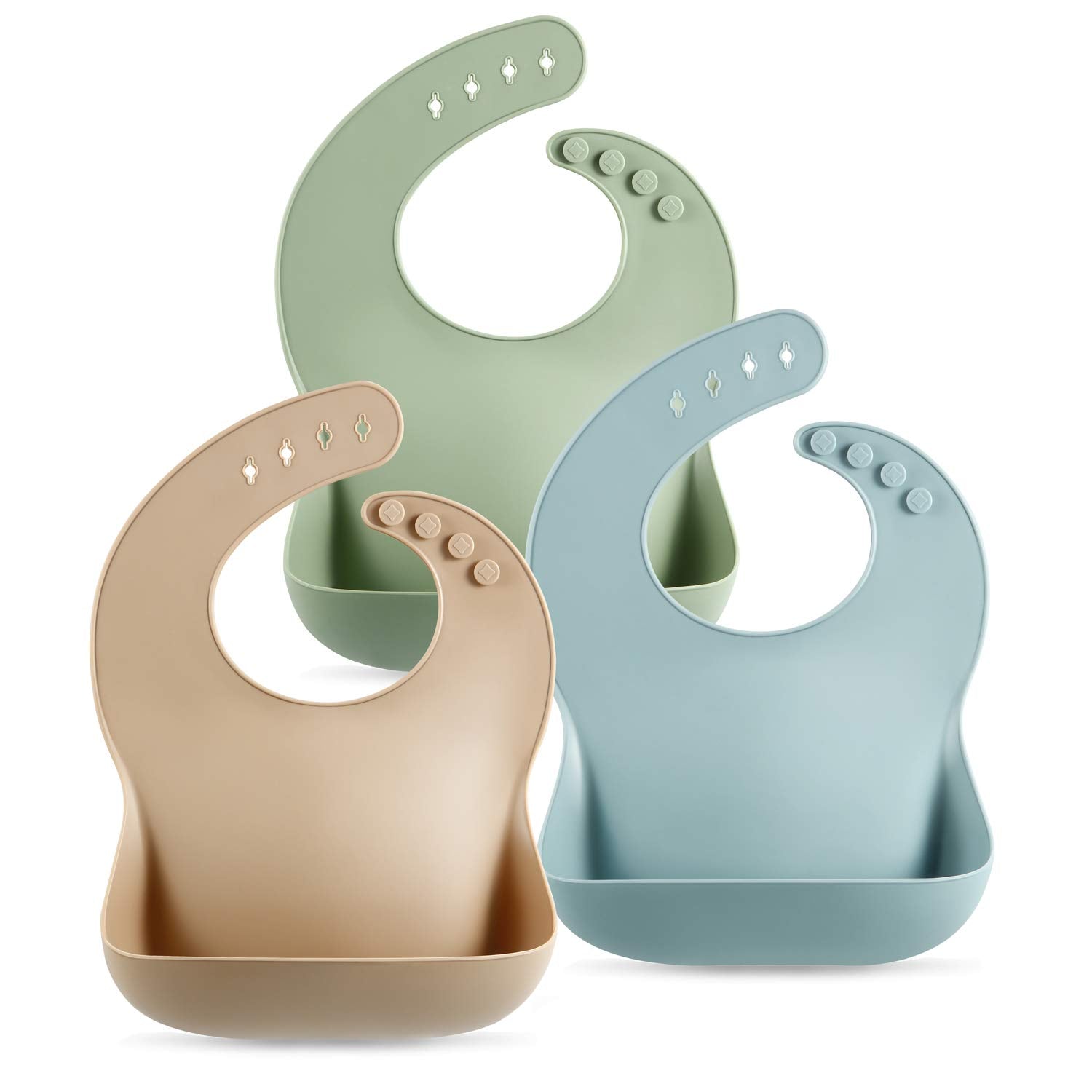 PandaEar Set of 3 Silicone Baby Bibs Waterproof, Soft, Unisex, 10 - 72 Months (Brown/Blue/Green) - 7DAY'S