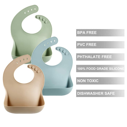 PandaEar Set of 3 Silicone Baby Bibs Waterproof, Soft, Unisex, 10 - 72 Months (Brown/Blue/Green) - 7DAY'S