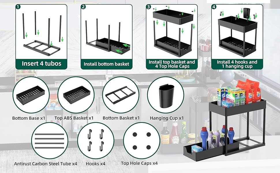 Paquete De 1 Organizador Debajo Del Fregadero, Organizadores De Gabinete De Baño, Cajón Deslizante De 2 Niveles Para Ganchos Para Colgar Tazas, Estante De Almacenamiento Multiusos Para Cocina Y - 7DAY'S