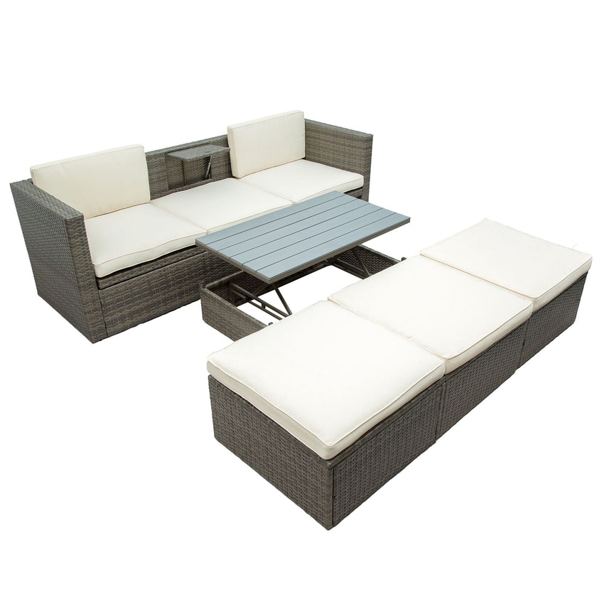 Patio Furniture Sets; 5 - Piece Patio Wicker Sofa with Adustable Backrest; Cushions; Ottomans and Lift Top Coffee Table - 7DAY'S