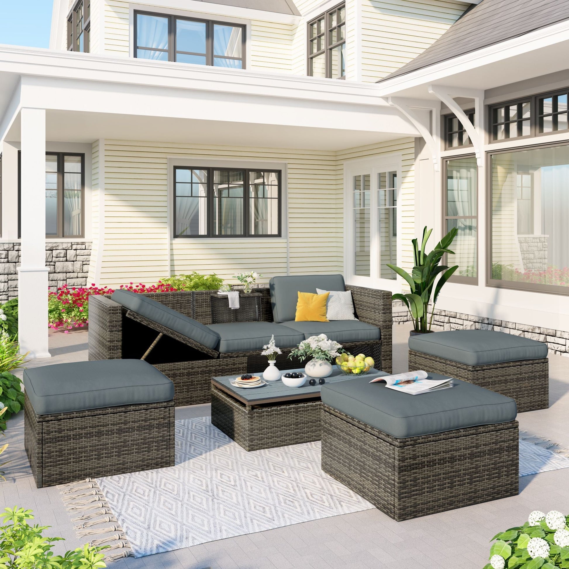 Patio Furniture Sets; 5 - Piece Patio Wicker Sofa with Adustable Backrest; Cushions; Ottomans and Lift Top Coffee Table - 7DAY'S
