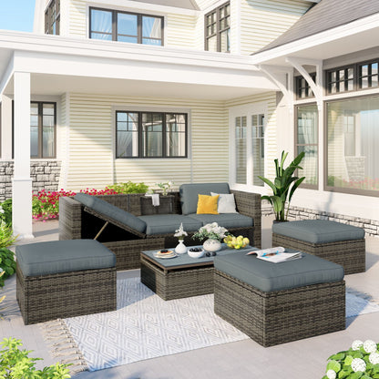Patio Furniture Sets; 5 - Piece Patio Wicker Sofa with Adustable Backrest; Cushions; Ottomans and Lift Top Coffee Table - 7DAY'S