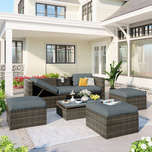Patio Furniture Sets; 5 - Piece Patio Wicker Sofa with Adustable Backrest; Cushions; Ottomans and Lift Top Coffee Table - 7DAY'S
