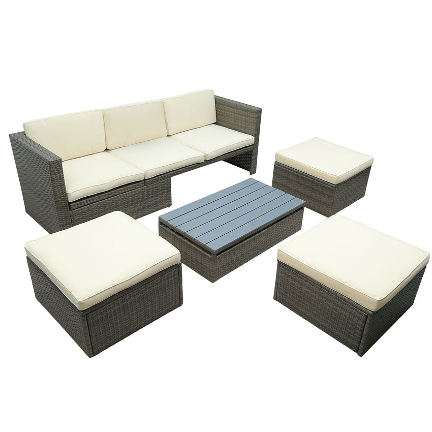 Patio Furniture Sets; 5 - Piece Patio Wicker Sofa with Adustable Backrest; Cushions; Ottomans and Lift Top Coffee Table - 7DAY'S