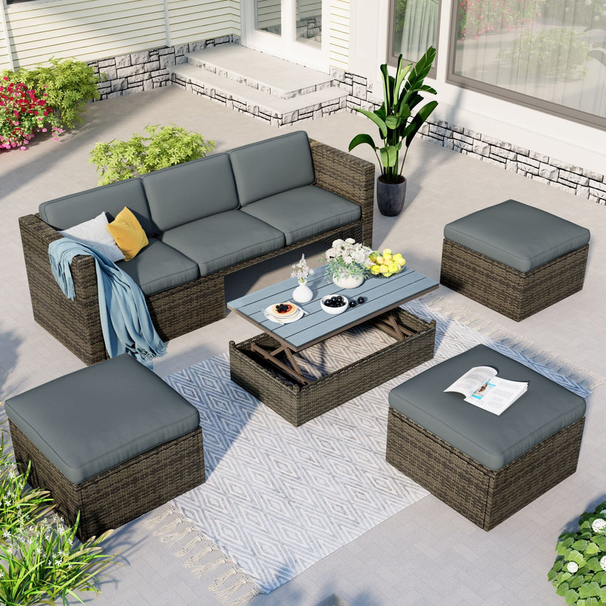 Patio Furniture Sets; 5 - Piece Patio Wicker Sofa with Adustable Backrest; Cushions; Ottomans and Lift Top Coffee Table - 7DAY'S