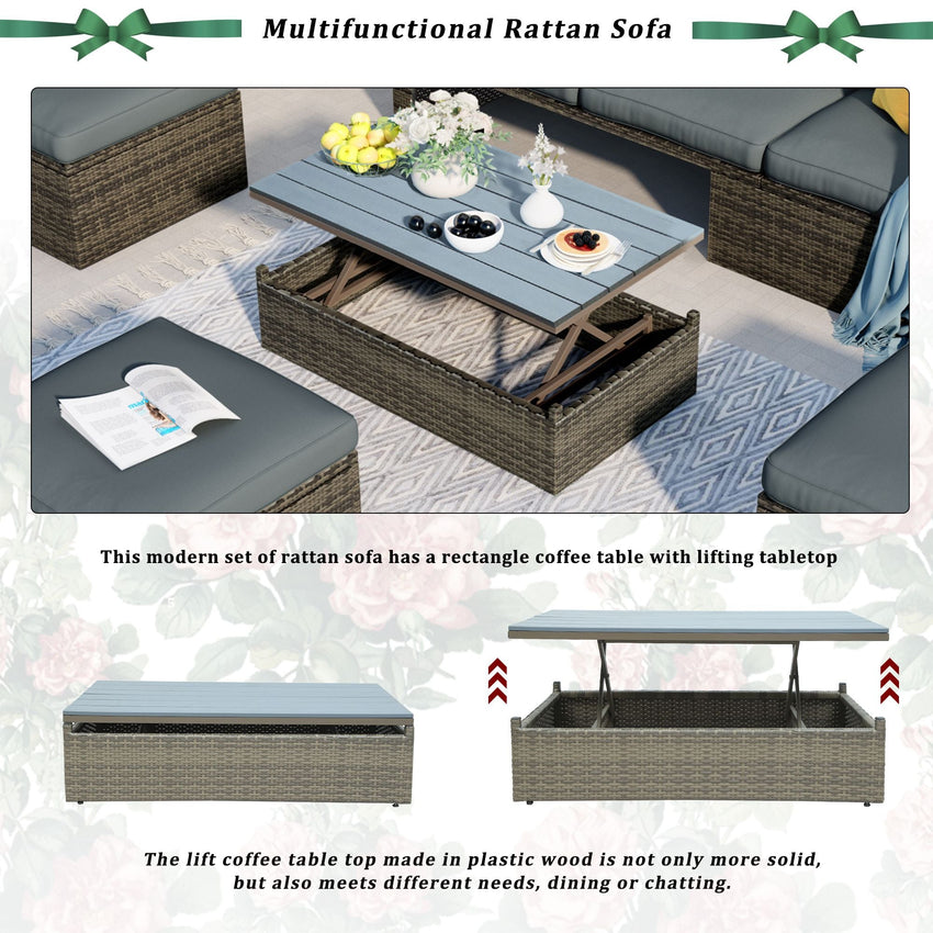 Patio Furniture Sets; 5 - Piece Patio Wicker Sofa with Adustable Backrest; Cushions; Ottomans and Lift Top Coffee Table - 7DAY'S