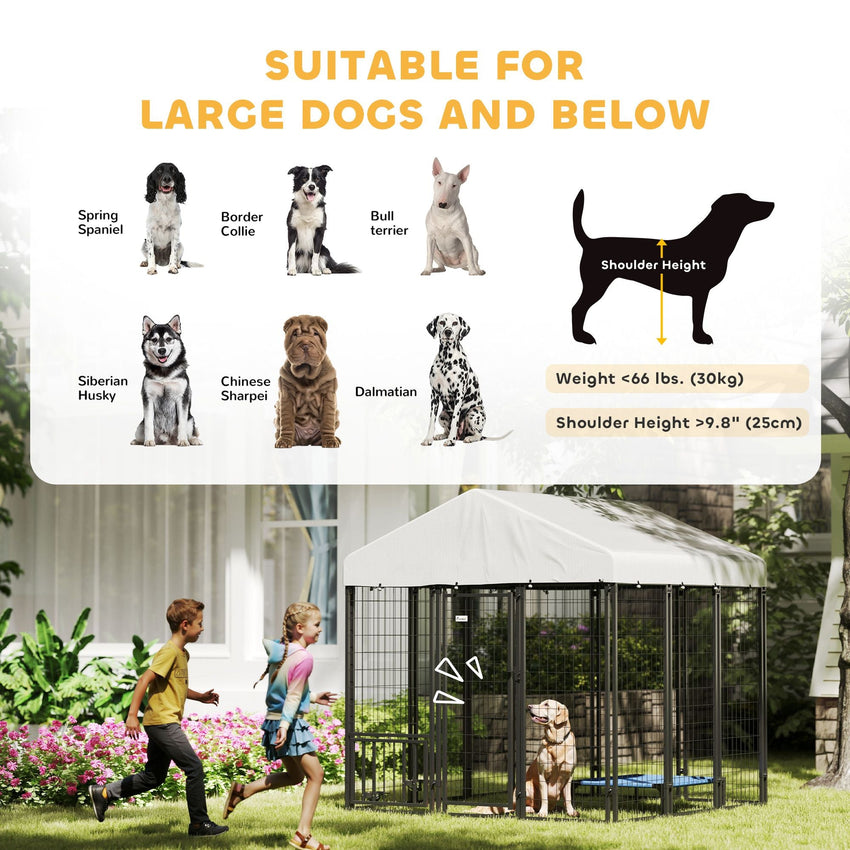 PawHut 5.9' x 5.9' x 6' Outdoor Dog Kennel with Roof, Rotating & 4 - Level Adjustable Bowls - 7DAY'S