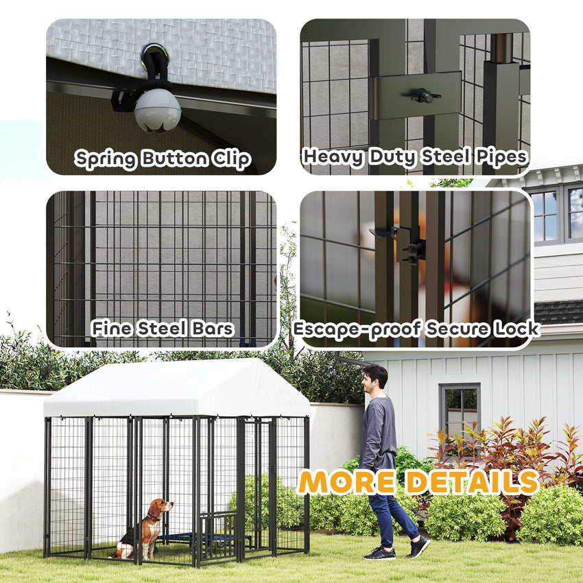 PawHut 5.9' x 5.9' x 6' Outdoor Dog Kennel with Roof, Rotating & 4 - Level Adjustable Bowls - 7DAY'S