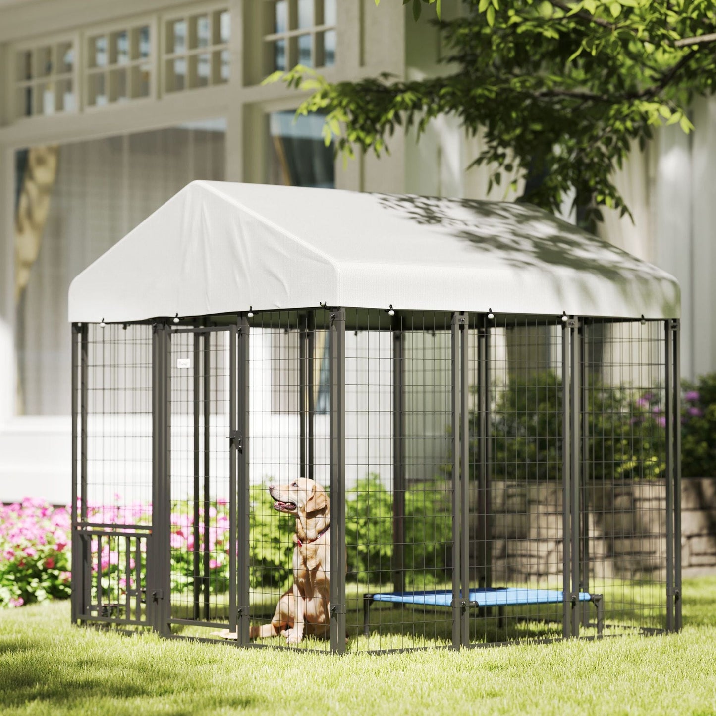PawHut 5.9' x 5.9' x 6' Outdoor Dog Kennel with Roof, Rotating & 4 - Level Adjustable Bowls - 7DAY'S