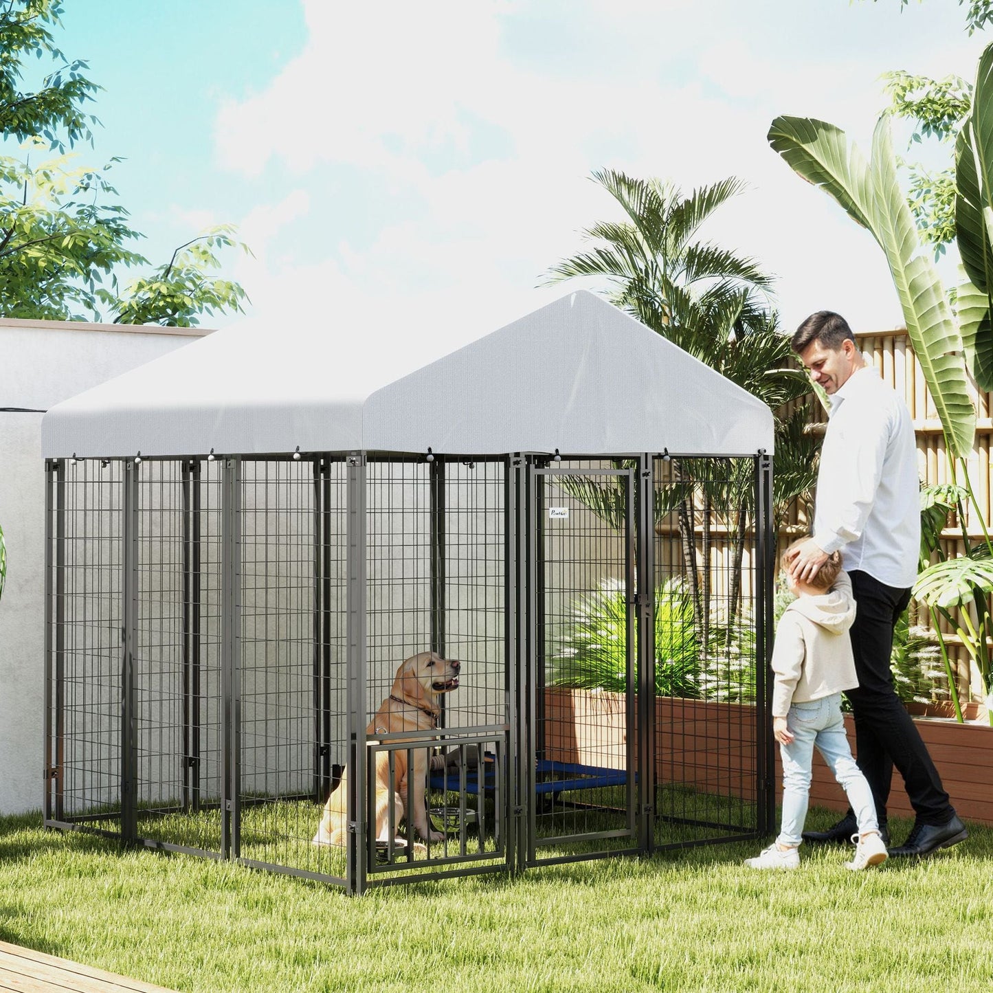 PawHut 5.9' x 5.9' x 6' Outdoor Dog Kennel with Roof, Rotating & 4 - Level Adjustable Bowls - 7DAY'S