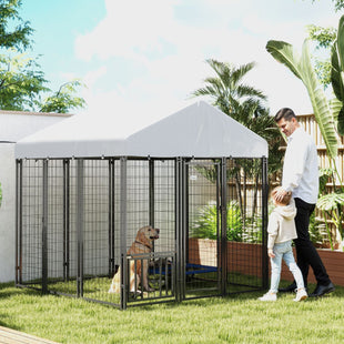 PawHut 5.9' x 5.9' x 6' Outdoor Dog Kennel with Roof, Rotating & 4 - Level Adjustable Bowls - 7DAY'S