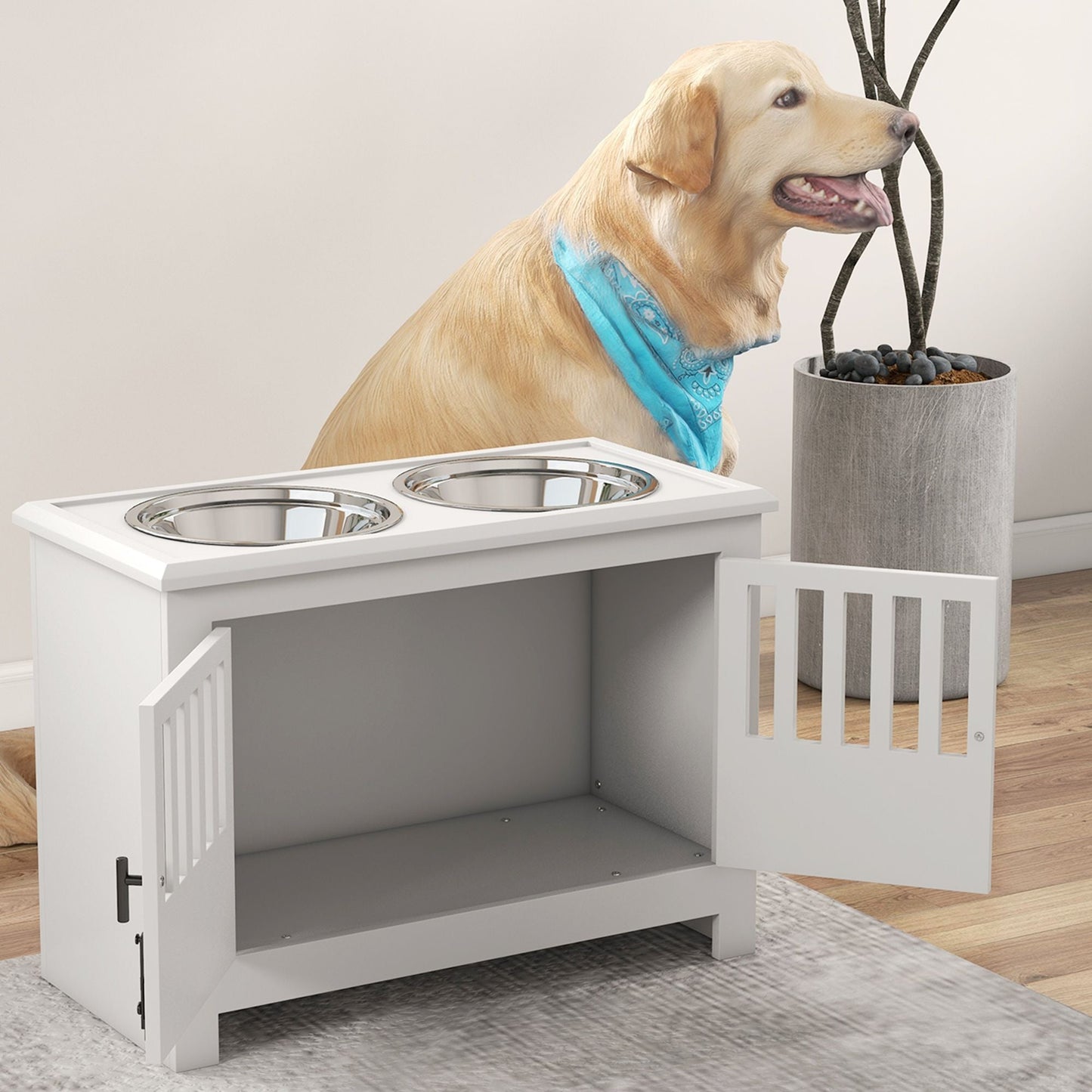 PawHut Dog Food Storage Cabinet with Bowls & Dog Feeding Station, White - 7DAY'S