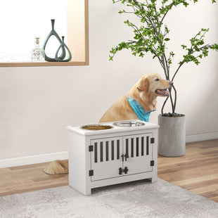 PawHut Dog Food Storage Cabinet with Bowls & Dog Feeding Station, White - 7DAY'S