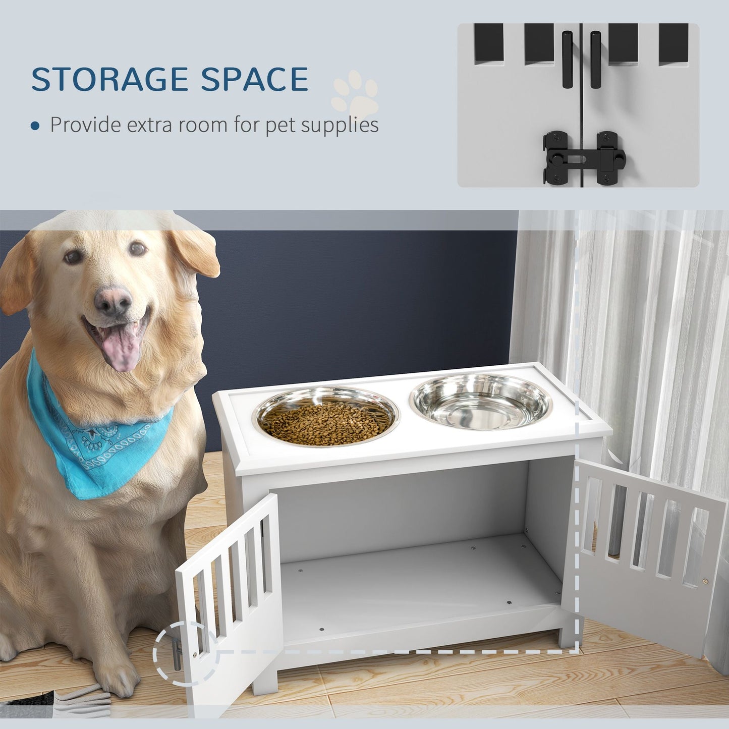 PawHut Dog Food Storage Cabinet with Bowls & Dog Feeding Station, White - 7DAY'S