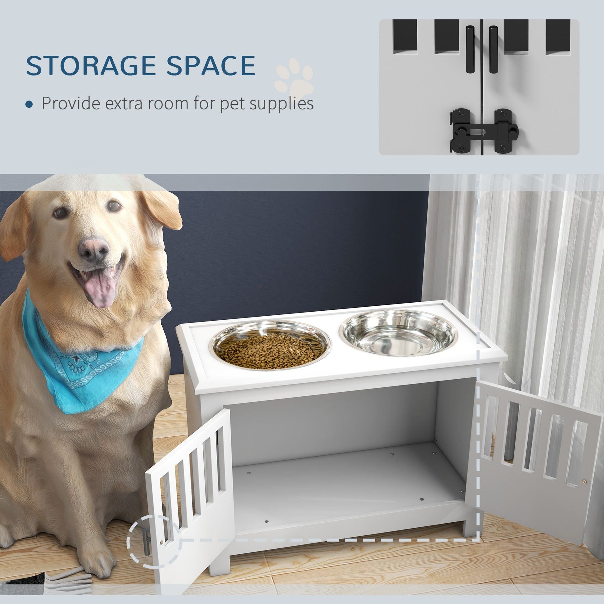 PawHut Dog Food Storage Cabinet with Bowls & Dog Feeding Station, White - 7DAY'S
