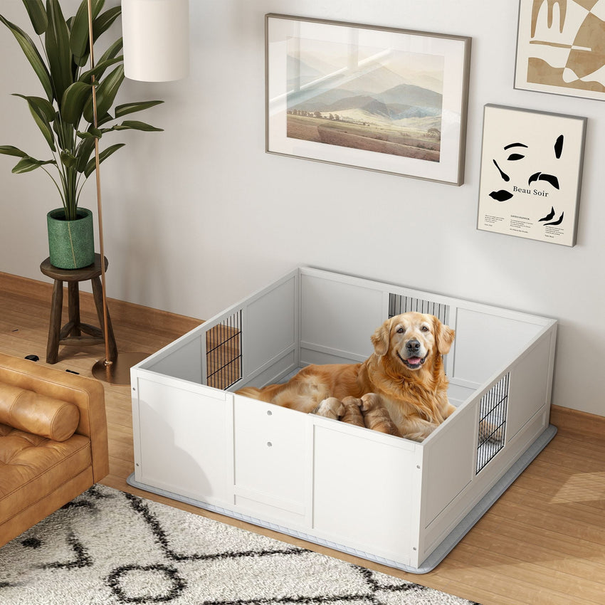 PawHut Dog Whelping Box with Washable Pee Pad, Adjustable Height Door, for Large Breed Dogs, 49" x 47" x 19" - 7DAY'S