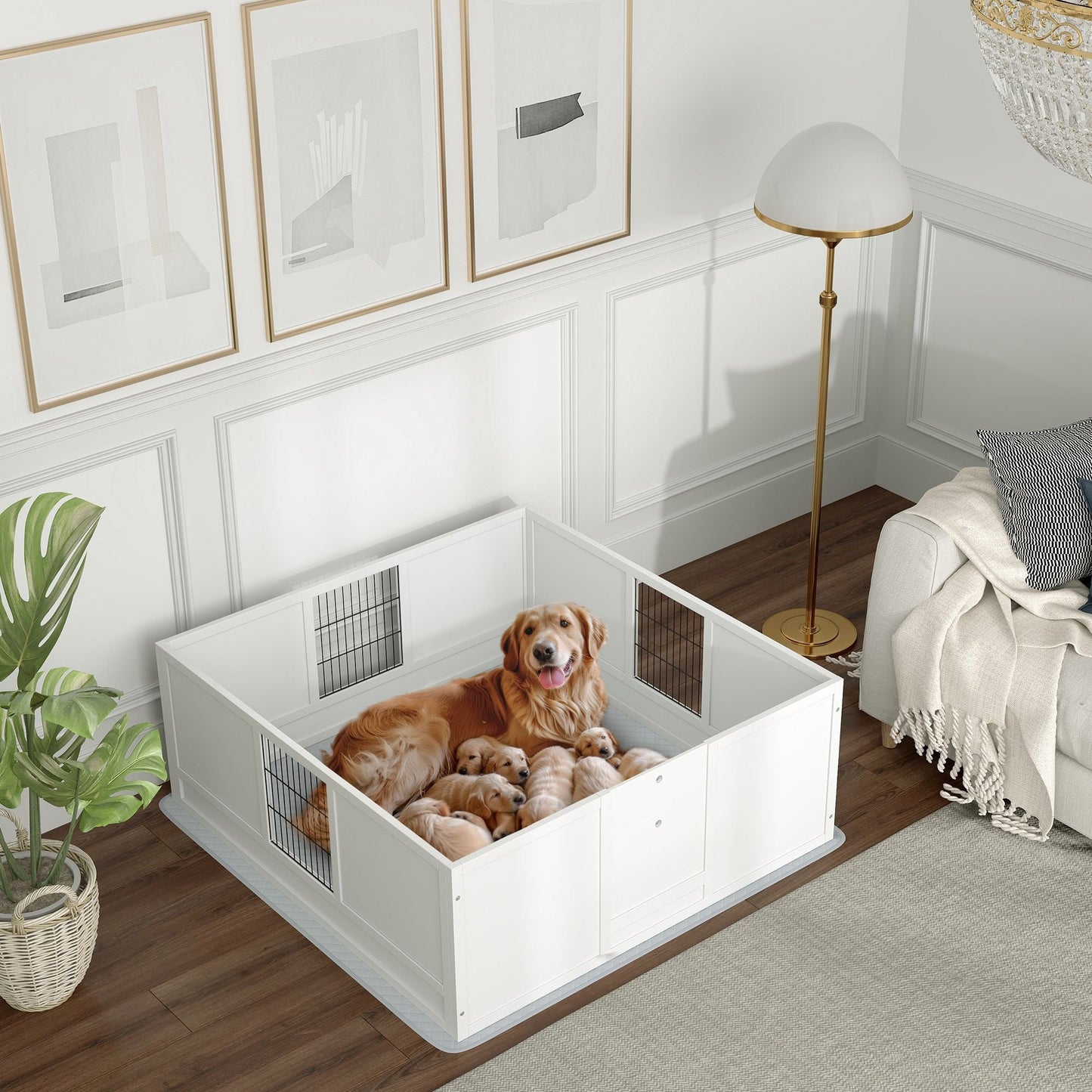 PawHut Dog Whelping Box with Washable Pee Pad, Adjustable Height Door, for Large Breed Dogs, 49" x 47" x 19" - 7DAY'S