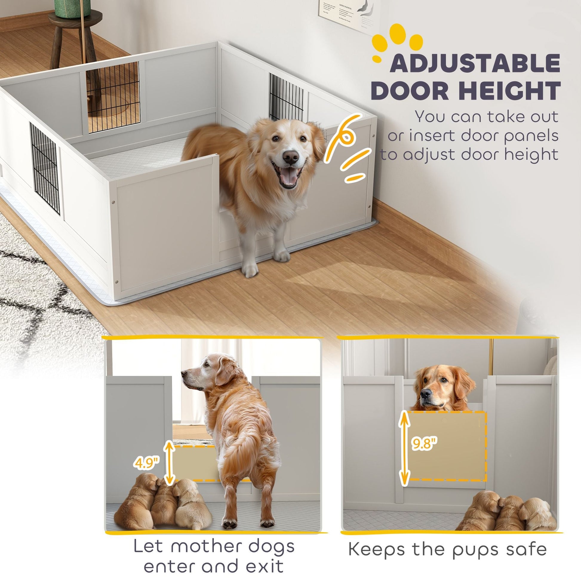 PawHut Dog Whelping Box with Washable Pee Pad, Adjustable Height Door, for Large Breed Dogs, 49" x 47" x 19" - 7DAY'S