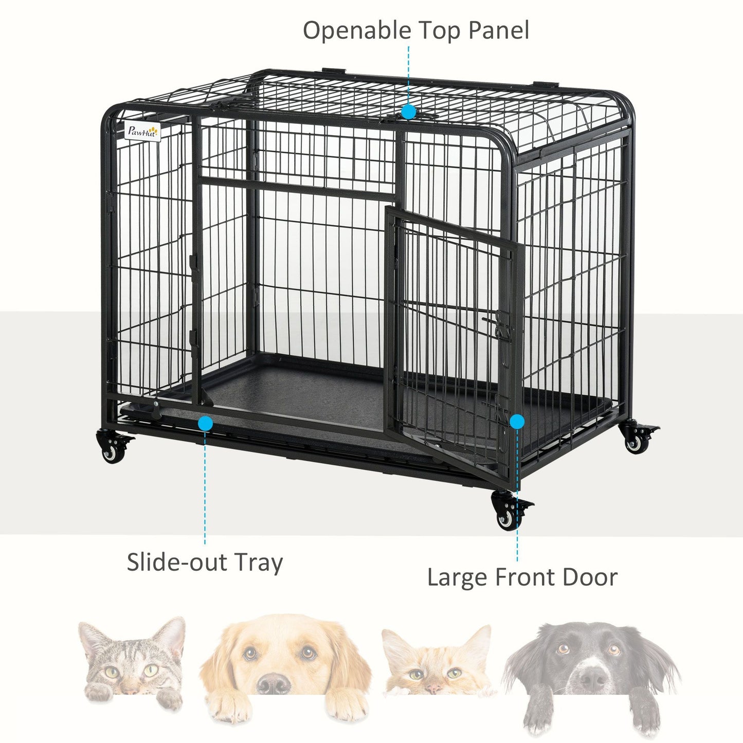 PawHut Metal Dog Crate 37" Heavy Duty Folding Kennel with Removable Tray Cover 4 Wheels Gray - 7DAY'S
