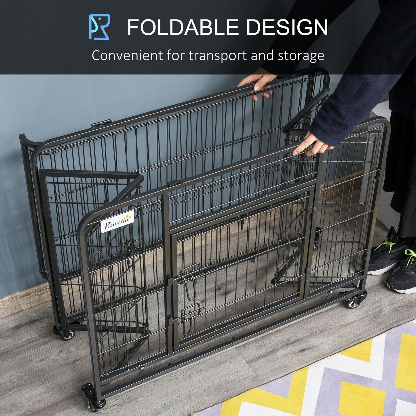 PawHut Metal Dog Crate 37" Heavy Duty Folding Kennel with Removable Tray Cover 4 Wheels Gray - 7DAY'S