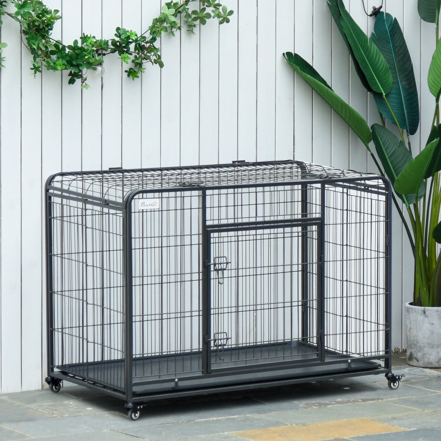 PawHut Metal Dog Crate 37" Heavy Duty Folding Kennel with Removable Tray Cover 4 Wheels Gray - 7DAY'S