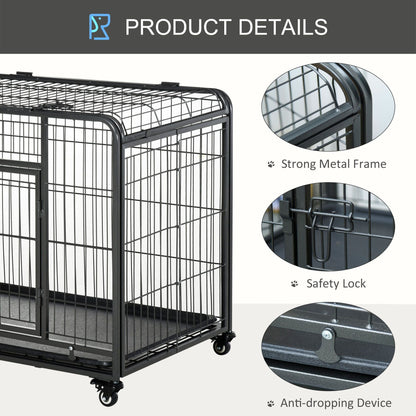 PawHut Metal Dog Crate 37" Heavy Duty Folding Kennel with Removable Tray Cover 4 Wheels Gray - 7DAY'S